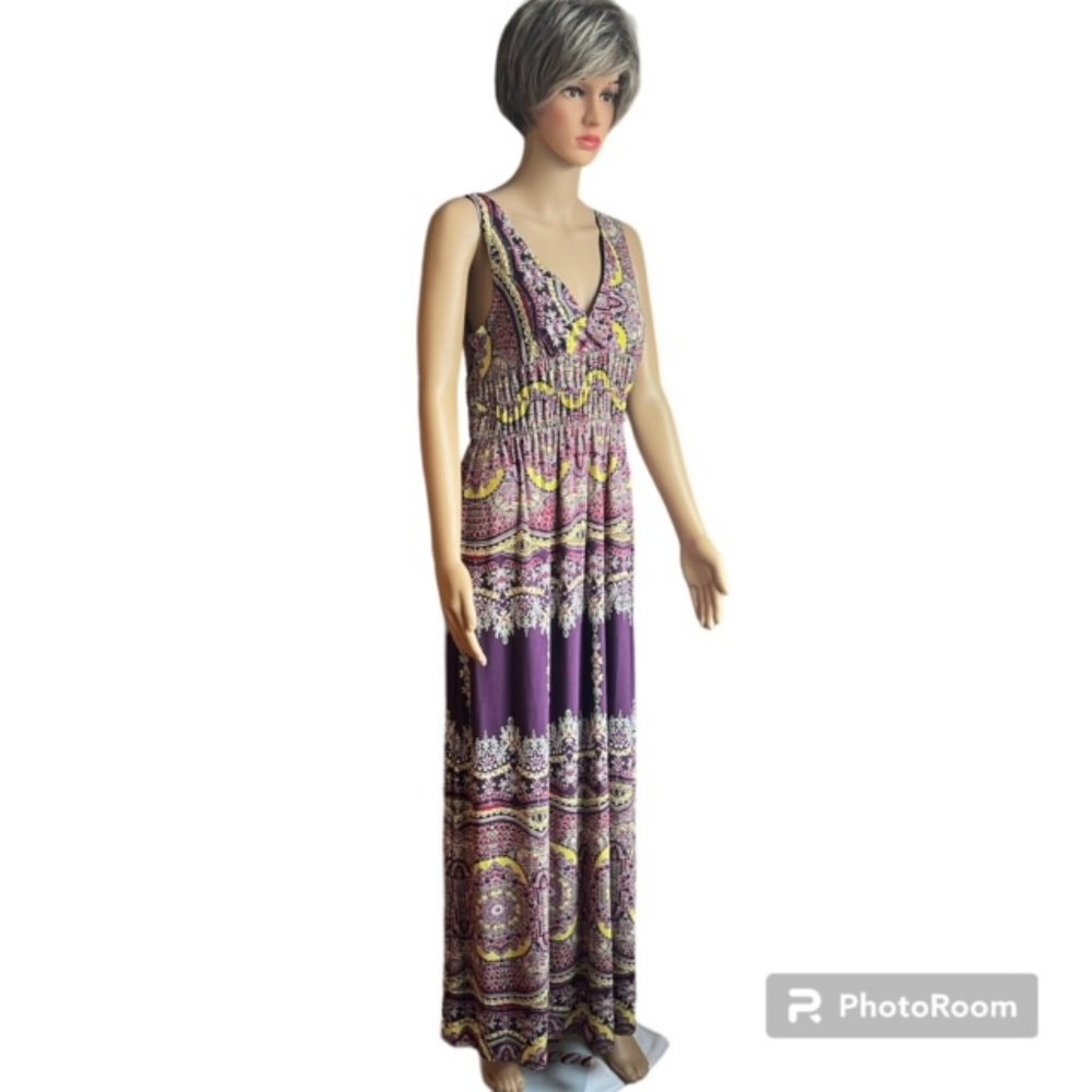Rhapsody Long Sleeveless Dress, Size S, BOHO print, Gathered Empire Waist